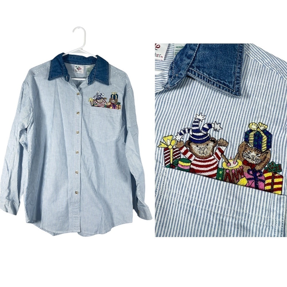 Vintage Nutcracker Striped Button Down Cat and Bear with Christmas Presents Med